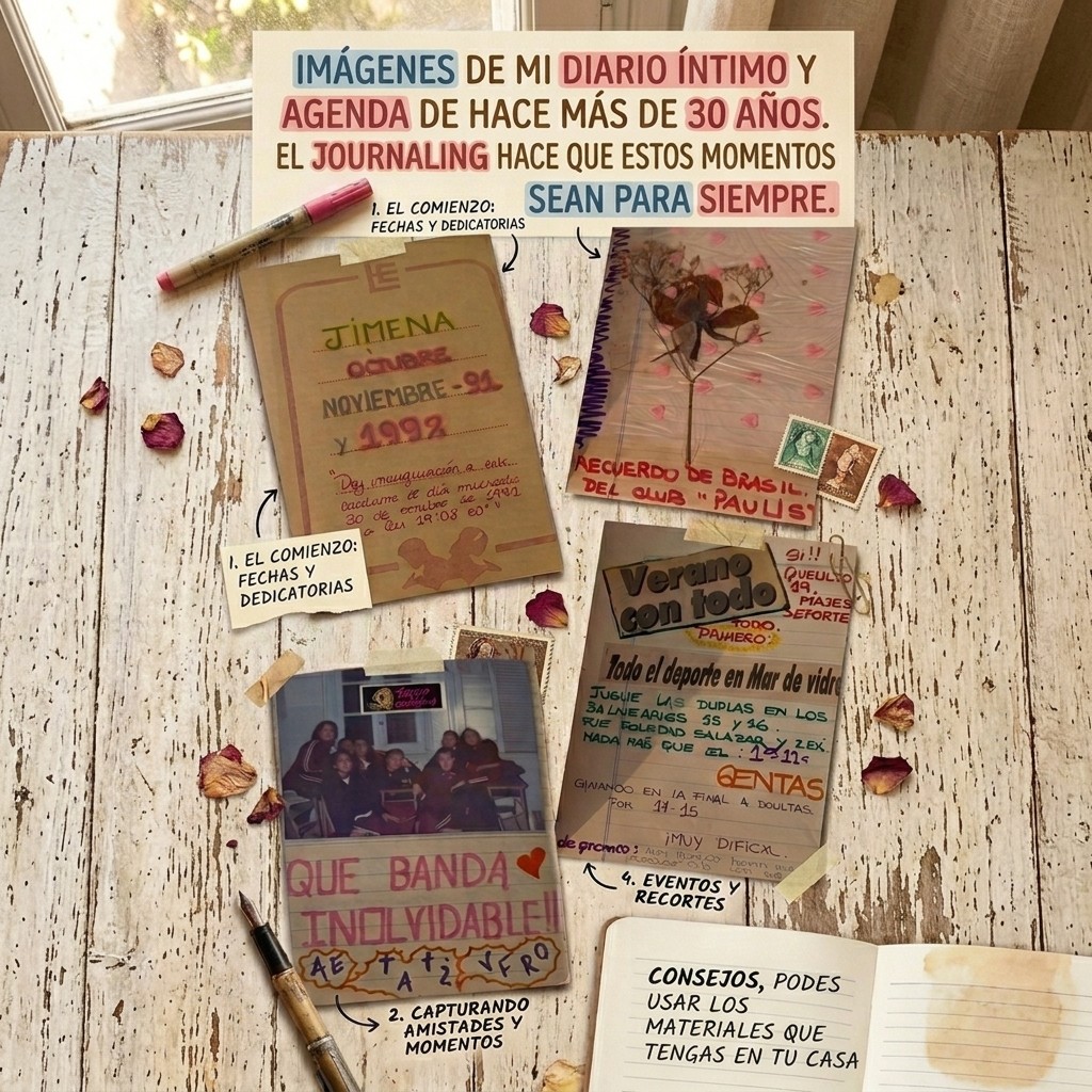 Collage con imágenes del diario íntimo y agenda de Jime de hace más de 30 años, dispuesto sobre una mesa de madera clara