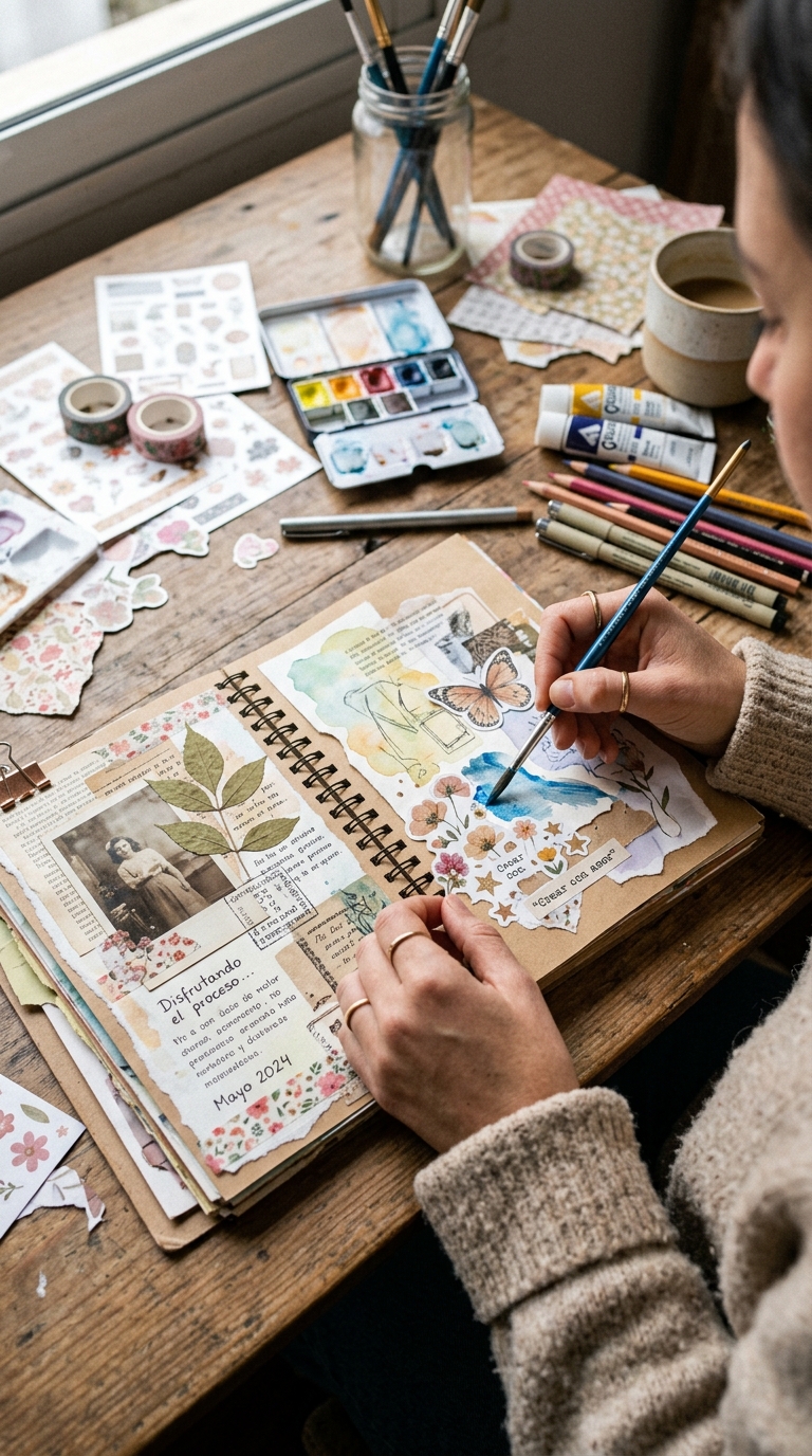 Manos creando sobre un diario abierto, con papeles, stickers y colores sobre la mesa