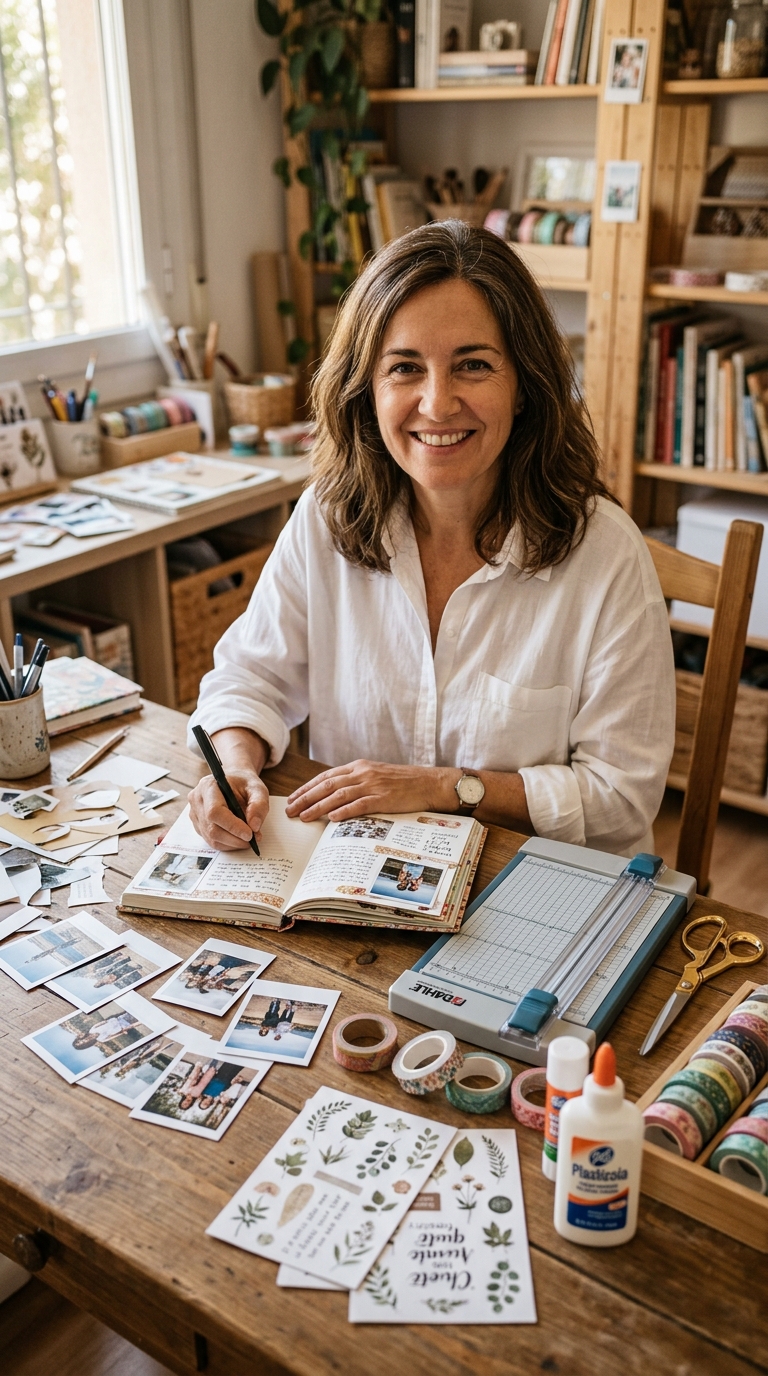 Mujer adulta haciendo journaling y scrapbooking en una mesa de trabajo