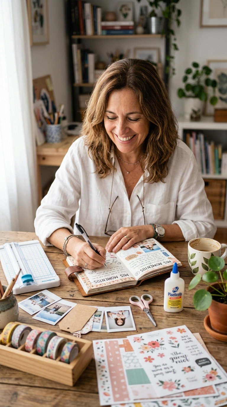 Mujer escribiendo en su journal en un espacio creativo
