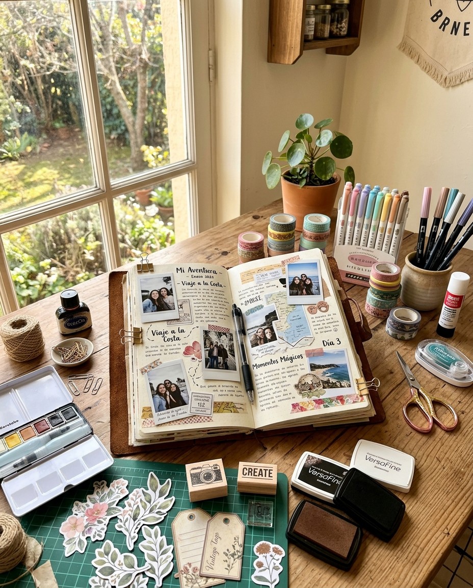 Mesa de journaling con cuaderno abierto, stickers, washi tape y materiales creativos
